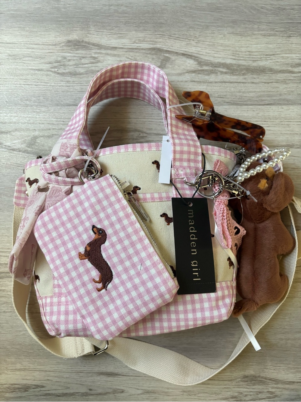 Madden Girl Dachshund Doxie Dog Pink Gingham Vidal Tote Bag CharmS NWT